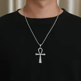 Stainless Steel Ankh Cross Pendant Necklace for Men Women Hip Hop Chain Religious Jewelry(with Gift Box)