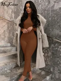 Dwuczęściowe spodnie damskie Hugcitar Long Rleeve solidny golfier chudy bodycon ówczesny jesienny zima kobiety mody streetwear swobodny romper 231031