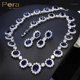 Pera CZ Big Round Cubic Zirconia Bridal Wedding Royal Blue Stone Halsband och örhängen smyckesuppsättningar för brudar J1261279P