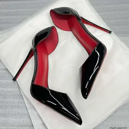 Luxury Fashion Designer red spike Sexy Pointed Toe New 12cm Black Lacquer Leather High Heels Pointed Thin Heels red soled Hollow Sexy Fashion Versatile Nightclub S