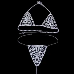 Другое 2021 Женский сексуальный комплект бикини с кристаллами, блестящий полный горный хрусталь с открытой грудью, бюстгальтер, укороченный топ, трусы, ночной клуб, цепочка для тела Jew363B