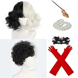 أزياء Catsuit Cruella Deville de Vil Black White With Bangs Short Bob Bob Resistant Hair Cosplay Cosplay Halloween Party + Wig Cap