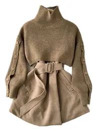 Tvådelad klänning Autumn Winter Knit Tvådelat Set Women's Single-Breasted Turtleneck Cropped Pullover Tröja V-Neck Vest Dress Solid Women Suit 231031