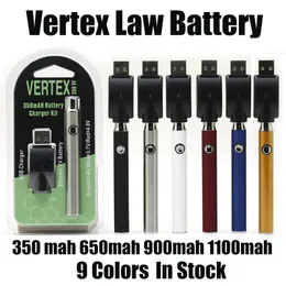 Vertex Law Bateria 350 mAh 650 mAh 900 mAh 1100 mAh Vape wstępne akumulatory Zmienne napięcie Zestawy ładowarki USB dla 510 kasety gwintowych 9 kolorów Pen Pen