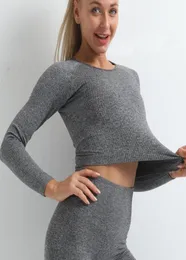 Roupa sem costura yoga terno conjunto de esportes ginásio roupas de fitness feminino manga longa colheita superior cintura alta leggings com nervuras conjuntos de treino tracks2337558