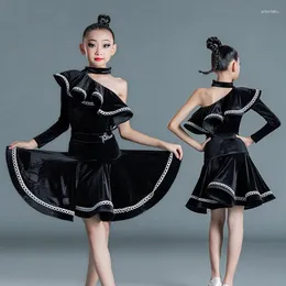 ارتداء المرحلة 2023 أسود مخملي الأكمام اللاتينية الرقص اللاتينية فستان الفتيات الرقص على ملابس الأطفال SL5826