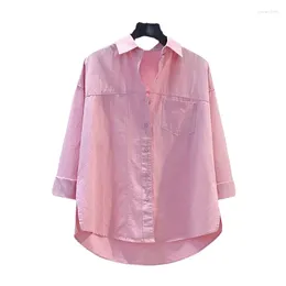 Blusas femininas emendadas camisa de algodão rosa fenda lateral solta casual outono estilo literário topo cardigan toda a temporada