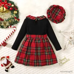 Flickans klänningar LAPA 3Y-7Y Girls Dress Suit Pan Collar Long Sleeve Dress+Hat 2st Christmas New Chirdren Lovely Streetwear Outfits R231031