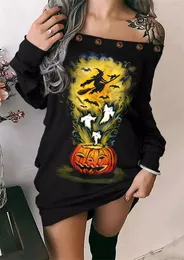 Casual Dresses Halloween Pumpkin Face Ghost Witch Bat Off Shoulder Eyelet Sweatshirt Dress Women Loose Warm Long Sleeve Vestidos