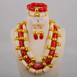 Necklace Earrings Set White And Red Natural Coral Bead African Ceremony Banquet Wedding Jewelry Nigerian Bride Dress AU-527