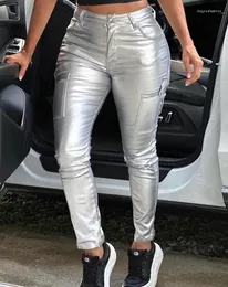 Damenhosen 2023 Modeverkauf Silber Hohe Taille Taschendesign Metall Gerades Bein