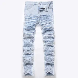 Calças de rua alta jeans ligh azul rasgado masculino hip hop superior fino ajuste calça reta dos homens high street calças casuais tamanho grande 28-42