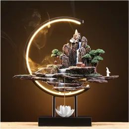 Incense Holders Chinese Style Backflow Incense Burner LED Light Ring Lotus Incense Insert Resin Rockery Ornaments Perfect Home Decor