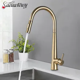 Krany kuchenne zagęszczone mosiężne szczotkowane nikiel Złoty kran wyciąganie sprayu kran 360 ° Rotatble Cold Sink Mixer Crane 231030