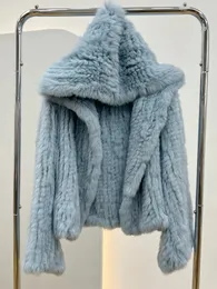 Pelliccia da donna Pelliccia sintetica Autunno Inverno Donna Vera pelliccia di coniglio Cappotto 100% pelliccia naturale Giacca allentata Tessuto manuale Qualità Streetwear Maniche svasate con cappuccio 231030