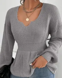 Camisolas femininas Lanterna Manga Chunky Knit Sweater Mulheres Outono V Pescoço Cor Sólida Pulôveres Slim Fit Casual Jumpers Ligeiro Strech 2023