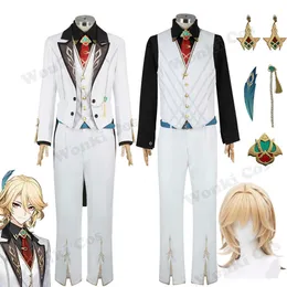 Parrucca da abito bianco Genshin Impact Sumeru Kaveh Cosplay Uniforme Copricapo Orecchini Costume di Halloween