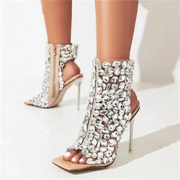 Sandals Brand Design 2023 Crystal/rivet Zipper Stage Banquet Nightclub High Heels Women Shoes Apricot Silver Dress Matching