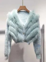 Frauen Pelz Faux Frauen Mode Echt Fuchs Gestrickte Mantel Mit Gespleißt Kurze Strickjacke Jacke Stricken Pullover Für Frühling Herbst 231031