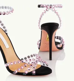 Идеальные летние кожаные сандалии из ПВХ с ремешками из текилы, украшенные кристаллами, на высоком каблуке, знаменитые женские сексуальные сандалии EU35-43 EUBOX