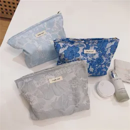 Borsa da trucco jacquard blu temperamento Borsa da toilette da donna portatile Custodia da organizzatore Custodia cosmetica Borse da viaggio