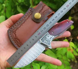1Pcs R9502 Flipper Folding Knife Damascus Steel Blade CNC Rosewood with Steels Head Handle Ball Bearing Folder Knives with Leather Sheath