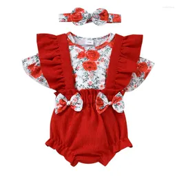 Conjuntos de roupas Pudcoco meninas de meninas 3 PCs Roupas estampa de flor Camiseta curta de manga curta Decoração Decoração Ruffle Shorts Bandada da cabeça