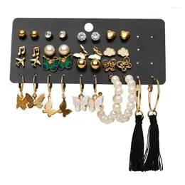 Studörhängen 17 par set för kvinnor mode mosaik kristallpärl smycken kvinnlig retro fjäril flygplan Tassel Ear Studs