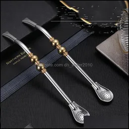 Tea Scoops Tea Scoops Golden Duble Bead St Spoon Removable For Clean Filter Yerba Mate Sts Reusable Drinking Milk Kitchen Supplies 20 Dhtlb