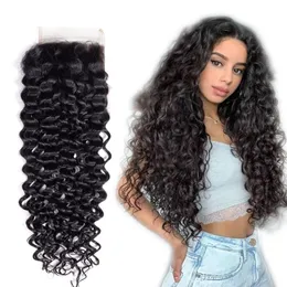 Extens￵es de cabelo virgem brasileira de fechamento de renda encaracolada 4x4 Parte gr￡tis cor preta natural