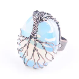 Natursten Opal Bead Antika Ringar för Kvinnor Finger Smycken Trådlindad Livets träd Justerbar Ring X3054