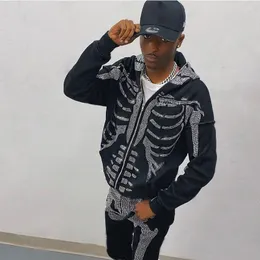Herrtr￶jor American Fashion -selling Rhinestones Skeleton Print Black Y2k Gotic Long -Sleeve Full Zip Hoodie Overdimensionerad tr￶ja jacka