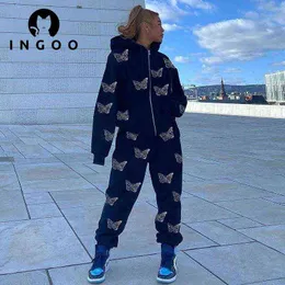 Women's Tracksuits INGOO Butterfly Diamond Stitching Tracksuit 2 Piece Set Women Zipper Hooded Sweater and Pant Casual Sport Outfits Y2K Streetwear T220827 T220830