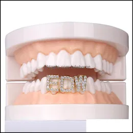 Grillz Griglie dentali Gold Sier Color Iced Out A-Z Lettera personalizzata Grillz Fl Diamond Denti Griglie Tappo per denti Hip Hop Bretelle dentali Dhgl9