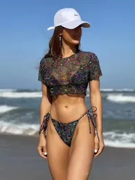 2022 Women Sexy Mesh Short Sleeve Top Swimwear Brazilian Cut Bikini Swimsuit Printed 3Pieces Bathing Suits