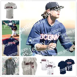 College Baseball trägt 2022 NCAA Custom UCONN HUSKIES College Baseball-Trikot 44 BEN HUBER 45 CURREN LARSON 46 ENZO STEFANONI 47 ERIK STOCK 48 LEO SOCCI 49 AUSTIN