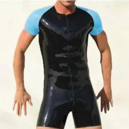 PVC Faux Skórzane kostiumy Catsues Lake Blue and Black Mens rajstopy Bodysuit Proste skoki