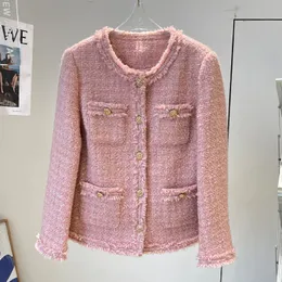 2022 herbst Rundhals Tweed Getäfelte Jacke Rosa Einfarbig Langarm Einreiher Taschen Jacken Mantel Kurze Outwear 22G186236