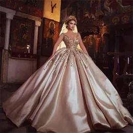 Luxury Arabic Dubai Ball Gown Wedding Dresses Plus Size Beading Bridal Gowns V Neck Crystal Lace Appliqued Sequined Vestidos De Novia