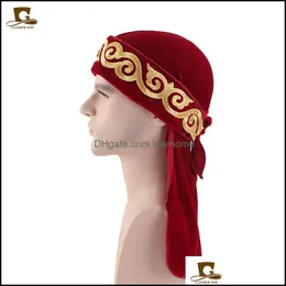 비니/두개골 모자 무슬림 남성 인쇄 반다나 터번 모자 가발 veet durags doo Headwrap 도금 된 캡 바이커 헤드웨어 해적 헤어 액세서리 dh4mn