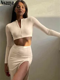 Damen Trainingsanzüge Nsauye Frauen Casual Herbst 2022 Langarm Crop Tops und Y2K Hohe Taille Midi Wrap Sexy Skrit Club Party Kleid Zwei Stück Set T220827