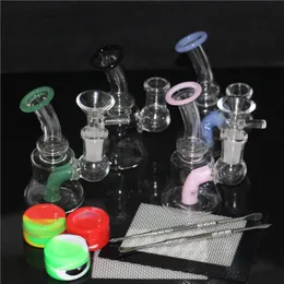 4 "Glass Bong Hookahs Mini Bubbler Water Pipe Hookahs Dab Rig med 14mm skål och kvarts banger silikonbongs presentförpackning