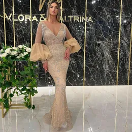 Abiti da sera a sirena chamagne maniche lunghe a tromba scollo a V profondo pizzo 3D con perline lunghezza del pavimento appliques paillettes celebrità con perline abiti da festa taglie forti abito da ballo