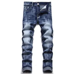 Spring Autumn Men's Printed Blue Jeans Fashion Casual Skinny Stretch Denim Trousers Grinding White Male Pants Pantalones