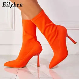 Boots Eilyeken Plus 35-42 Autumn Winter Fashion Green Orange Women Ankle Point Toe Elastic Heels Female Socks Shoes 220901