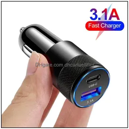 Carregador de carro Usb Carregador de carro rápido 15W 3.1A Tipo C Pd Adaptador de telefone de carregamento rápido para 13 12 11 Pro Max Huawei Honor Drop Delivery 2021 Dhglw