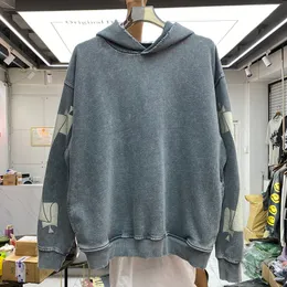 Vintage gewaschene Sweatshirts Hoodie Männer Frauen Hochwertiger zerrissener bedruckter Fleecepullover Echte Bilder