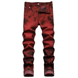 Erkek skinny jean streç kravat boya kırmızı sokak moda kişilik tasarımcısı jean sıradan kalem pantolon