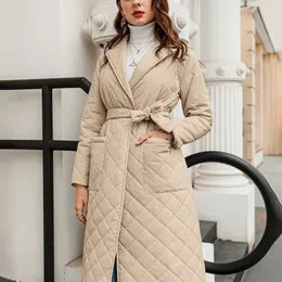 Rhombus Pattern 캐주얼 Sashe Parkas Deep Pockets Tailored Collar 세련된 외부 웨터 220902와 함께 Womens Down Parkas Long Straight Winter Coat