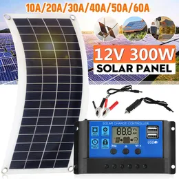 Kit de painel solar port￡til de carro 300W 12V Interface de carregamento USB Placa solar ￠ prova d'￡gua com controlador para o Marine RV Mobile